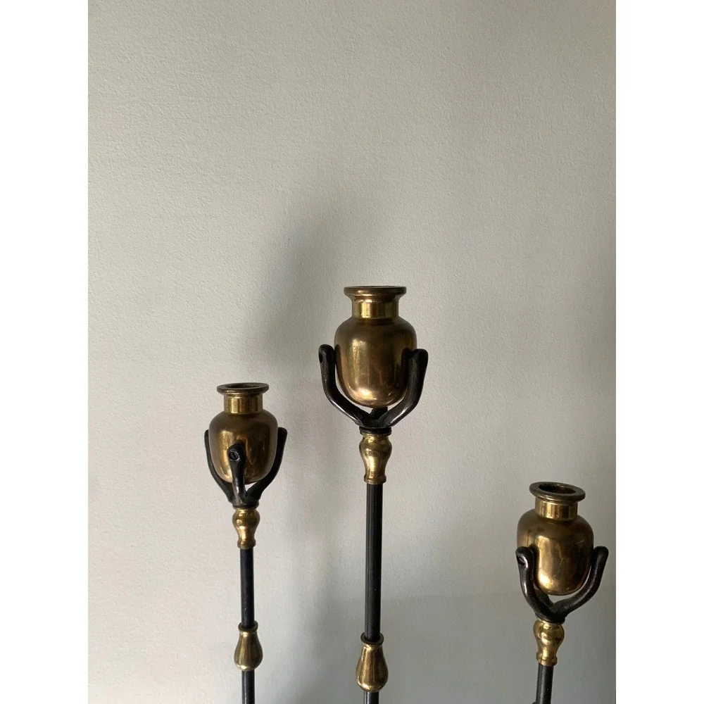 Set of 3 Vintage Brass &‎ Black Metal Taper Candlestick Holders inspired Tiffany